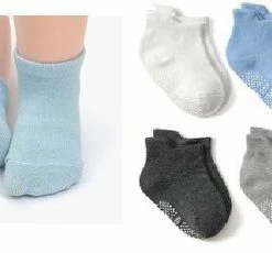 Merkloos 6 Paar - Stevige Antislip Sokken Effen Blauw Grijs (1-3 Jaar) - Jongens Baby En Dreumes Enkelsokjes Anti Slip - Maat 21-24