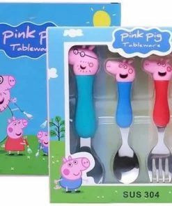 Bomba Pink Pig Tableware - Kinderbestek - Kinderservies - 4-delig - In Geschenkdoos - Peppa - Peuter Bestekset - Ontbijtset - Kindercouvert