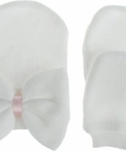 Babysweet Pasgeboren Babymutsje In Het Wit Met Strikje- Babyborn Muts - Babymuts Met Handschoenen - Meisjes - Roze - Newborn Muts