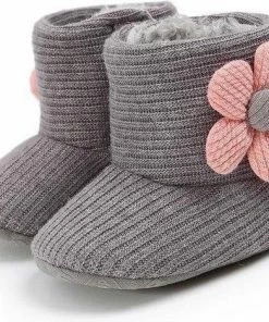 Happy Alpaca Babyslofjes - Winter Sloffen - Grijs - Met Bloempje - Maat 21 Voor 12-15 Mnd (13 Cm)