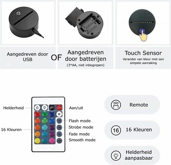 ANiMU 3D Lamp - 16 Kleuren - Auto - LED Illusie - Bureaulamp - Nachtlampje - Sfeerlamp - Dimbaar - USB Of Batterijen - Afstandsbediening - Cadeau Voor Jongens - Kinderen 9 ANiMU 3D Lamp - 16 Kleuren - Auto - LED Illusie - Bureaulamp - Nachtlampje - Sfeerlamp - Dimbaar - USB Of Batterijen - Afstandsbediening - Cadeau Voor Jongens - Kinderen - Afbeelding 9