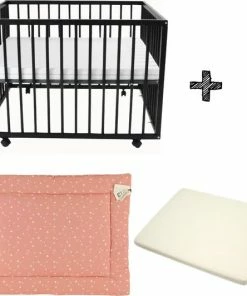 Colorful Home Box Met Wieltjes Standaard Zwart + Boxmatras Janine + Boxkleed Birds Organic Ash Rose