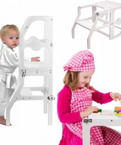 Merkloos Learning Tower / Leertoren - Keukenhulp - Inklapbaar Tot Tafel En Stoel - Wit - Opstap Montessori