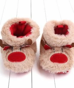 Merkloos Babyslofjes | Rendier | Beige | Rood | 12-18 Maanden | 13 CM | Antislip | Pluche Voering | Slofjes Dreumes | Kerstslofjes | Sloffen | Merry Christmas | Kerst | Winter Sloffen | Babyschoenen | Babyschoentjes | Unisex | Meisjes & Jongens | Kraamcadeau