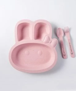 Merkloos Kinderservies - Kinderbord - Vakjesbord - Bord Met Vakken Voor Baby Peuter En Kleuter - Met Lepel En Vork - Duurzaam - Kraam Cadeau - Konijn - Roze - 1 Set