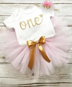 NNJXD 3-delig Set Voor 1e Verjaardag Cakesmash Setje Gold One Roze En Wit Eerste Verjaardag Cakesmash Maat 80 Kinderkleding