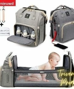Trivena Luier- En Verzorgingstas - Luiertassen - Baby Rug Tas Met Isoleervak - Reis Rugzak - Luiertas - Unisex/Jongens/Meisjes - Grijs - Luier Tas - Verzorgingstas Baby - Uitschuifbaar Verschoon/ Slaap Bedje - Incl Matrasje Baby - USB Poort -Zwitsal - Winkel 550x550 615
