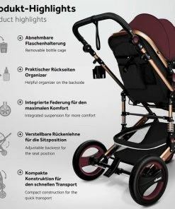 KIDUKU- 3 In 1 Combi-kinderwagen- Bordeaux- Zwart-goud- Buggy Incl. Autostoeltje-regenhoes- Inklapbaar -Zwitsal - Winkel 550x550 835