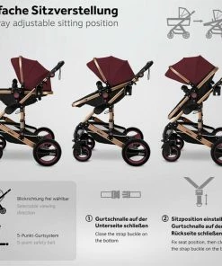 KIDUKU- 3 In 1 Combi-kinderwagen- Bordeaux- Zwart-goud- Buggy Incl. Autostoeltje-regenhoes- Inklapbaar -Zwitsal - Winkel 550x550 841