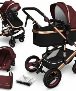 KIDUKU- 3 In 1 Combi-kinderwagen- Bordeaux- Zwart-goud- Buggy Incl. Autostoeltje-regenhoes- Inklapbaar