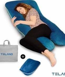 Telano Zwangerschapskussen XXL - Extra Hoes En Opbergtas - Exclusieve Gouden Rits - Velvet Stof - Voedingskussen - U Vorm - Extra Groot - Zijslaapkussen - Blauw