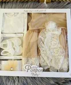 Merkloos Baby Jurk -luxe Feestjurk-doopjurk - Doopkleding -organza Jurk-Frans Borduurwerk-schoentjes- Pasgeboren-new Born-baby Geschenkset- Vintage Jurk Met Tule-lichtbruin Creme Kleur-maat 56/62