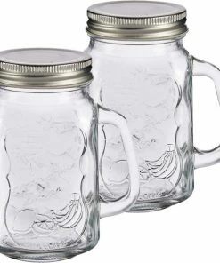 Vivalto Set Van 4x Stuks Glazen Mason Jar Drinkbekers/drinkpotjes Met Dop 430 Ml - Anti-lek Drinkglazen