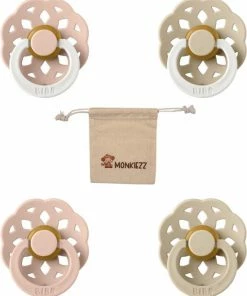 BIBS Boheme Fopspeen Set | Maat 2 6-18 Maanden | Set 4 Stuks + MONKIEZZ® Speenzakje | Glow In The Dark Blush, Glow In The Dark Vanilla, Blush, Vanilla
