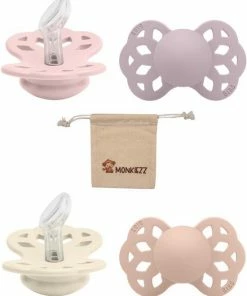 BIBS/Monkiezz Blisters Bibs Infinity Dental Fopspenen Anatomical 0-6 Maanden| Set 4 Stuks|Blossom, Dusky Lilac, Ivory, Blush| + Monkiezz Speenzakje| Orthodontisch| Anatomisch| Maat 1