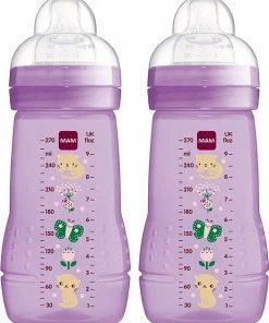 Easy Active Babyflesje In Een Set Van 2 (270 Ml), Babyfles Met SkinSoft Siliconen MAM-speentje In Maat 1, Drinkflesje Met Ergonomische Vorm, Vanaf 0+ Maanden, Violet,roze/roze-katje