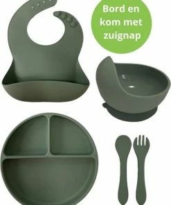 Ik Ben Zo Mooi Onbreekbaar Siliconen Kinderservies Met Zuignap Bordje Voor Baby En Kind - Servies Set Van 5 Stuks - Sage Groen