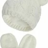 Merkloos Set Baby Gebreide Muts En Wanten Wit | 6-18 Maanden | Beervorm - Beren Oortjes - Kindermuts - Wantjes